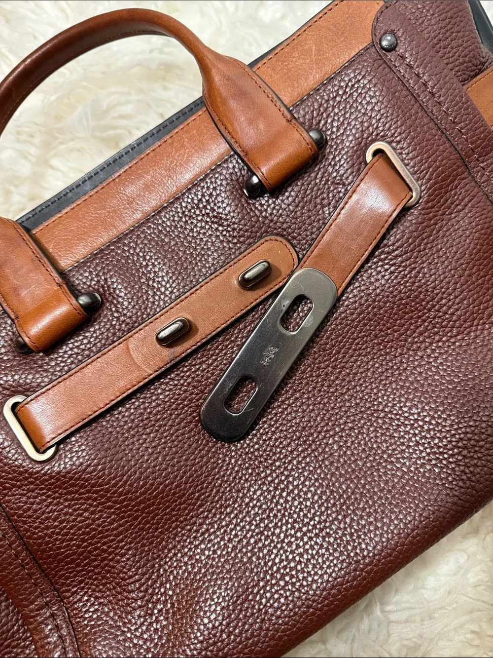 Coach Swagger Saddle & Mahogany Leather Satchel Handbag with Tan Accents medium